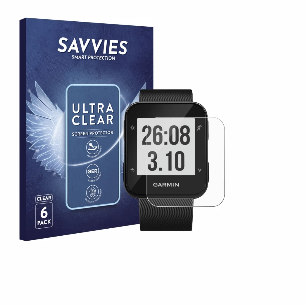 Vorderseite einer Produktverpackung mit dem Markenlogo Savvies. Daneben ist das Gerät Garmin Forerunner 30 mit dem zugehörigen