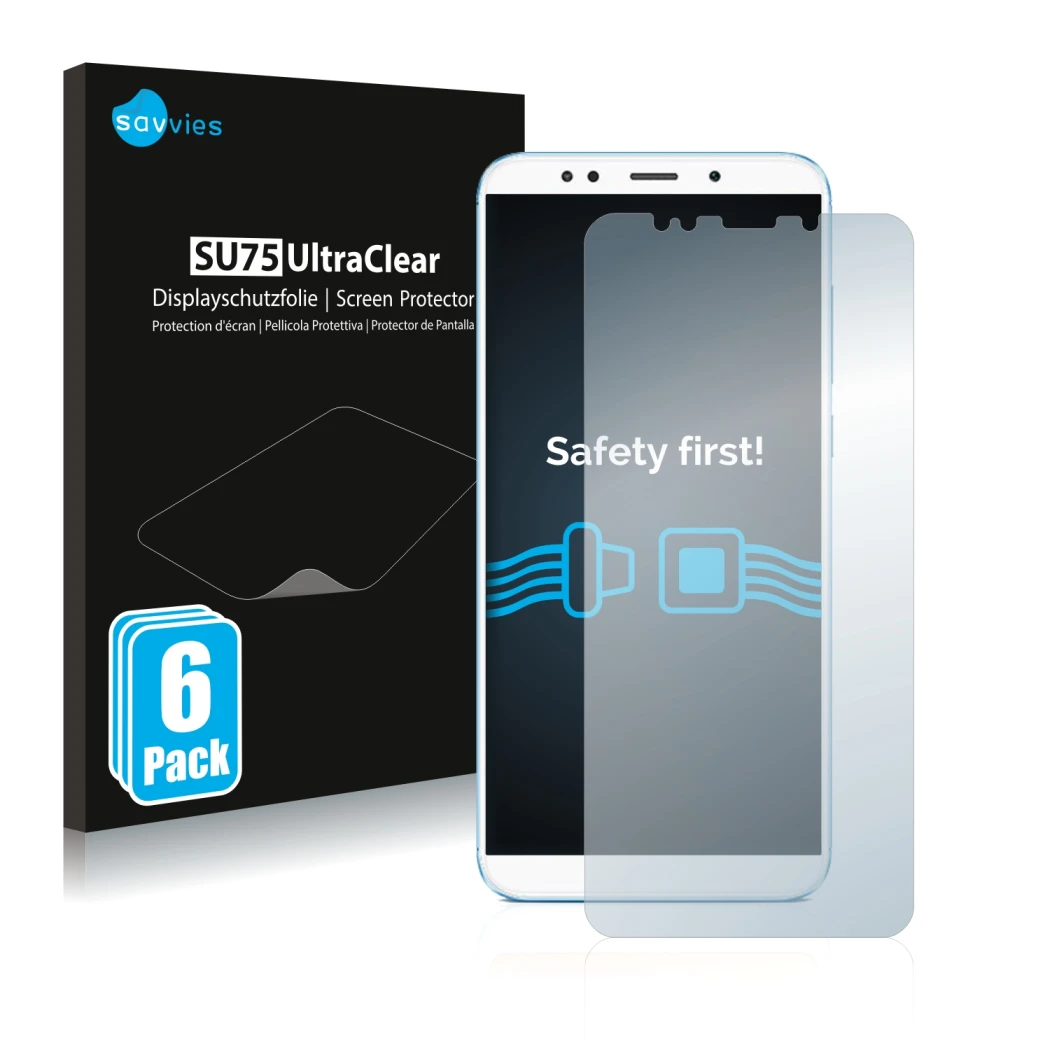 Vorderseite einer Produktverpackung mit dem Markenlogo Savvies. Daneben ist das Gerät Xiaomi Redmi 5 Plus mit dem zugehörigen 