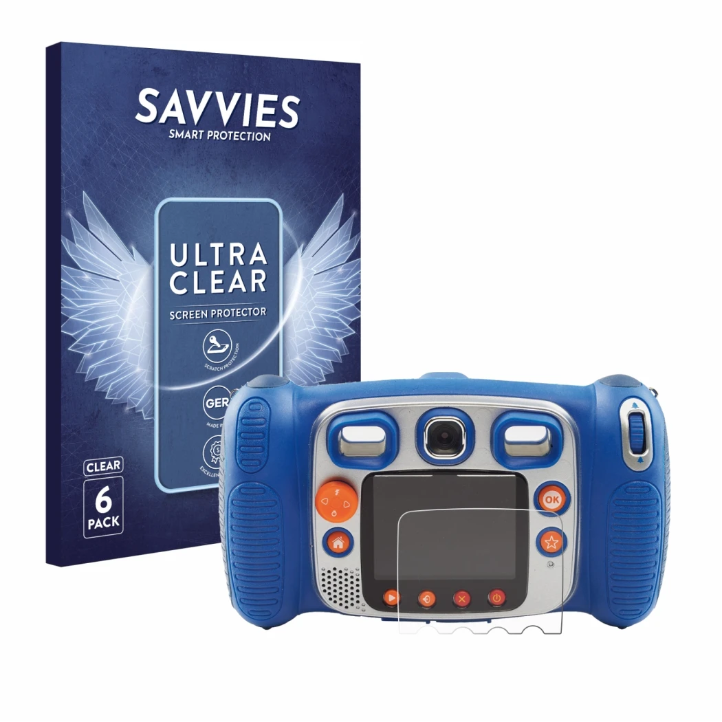 Vorderseite einer Produktverpackung mit dem Markenlogo Savvies. Daneben ist das Gerät Vtech Kidizoom Duo 5.0 mit dem zugehörig