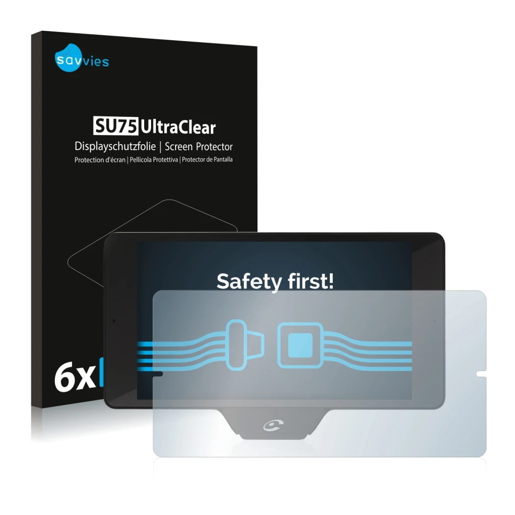 Vorderseite einer Produktverpackung mit dem Markenlogo Savvies. Daneben ist das Gerät Coyote Nav+ 2017 mit dem zugehörigen Dis