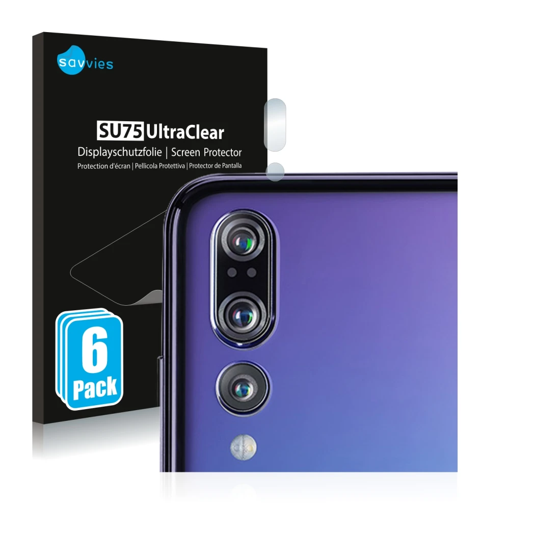 Vorderseite einer Produktverpackung mit dem Markenlogo Savvies. Daneben ist das Gerät Huawei P20 Pro (NUR Kameraschutz) mit de