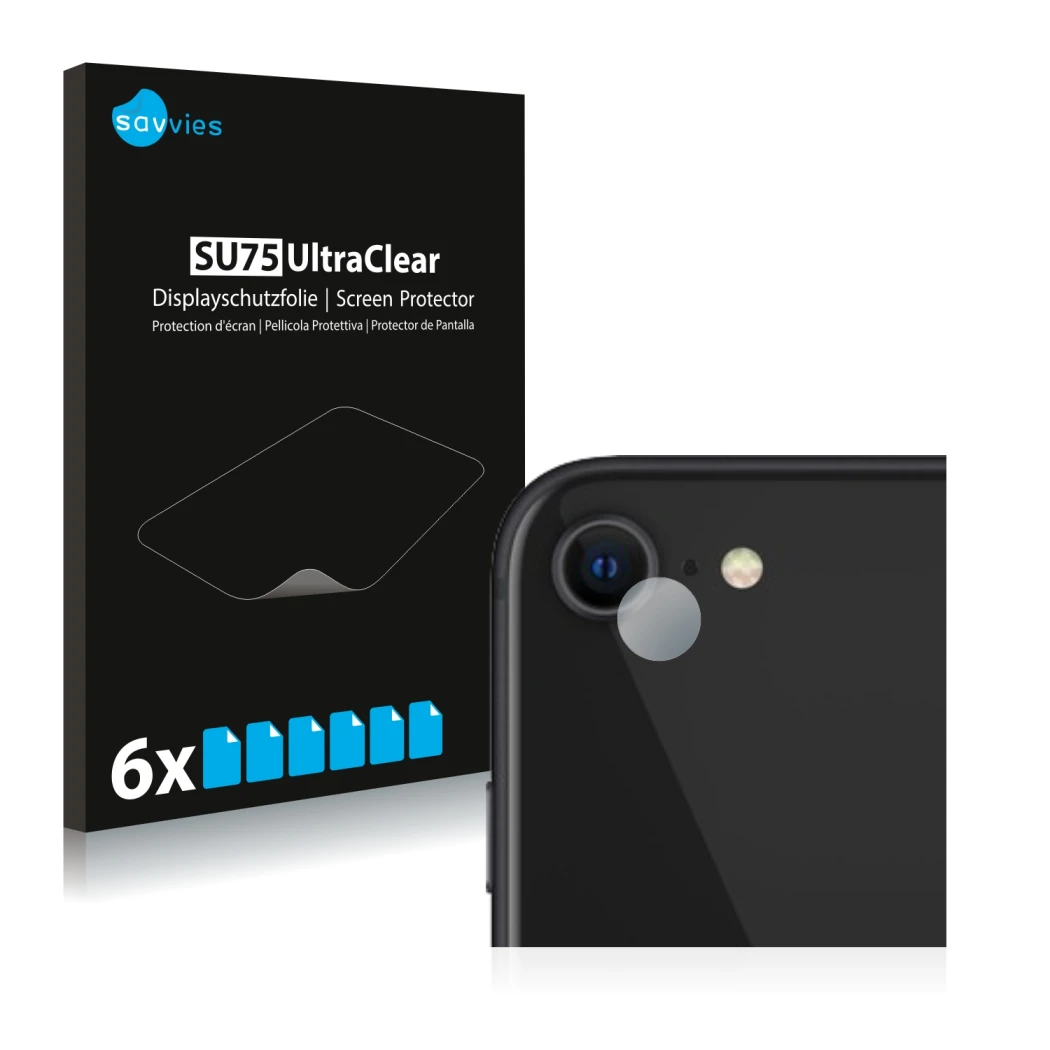 Vorderseite einer Produktverpackung mit dem Markenlogo Savvies. Daneben ist das Gerät Apple iPhone SE 2 2020 (NUR Kameraschutz