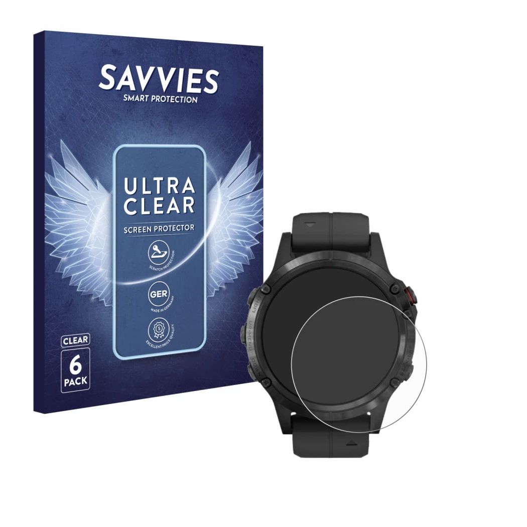 Vorderseite einer Produktverpackung mit dem Markenlogo Savvies. Daneben ist das Gerät Garmin Fenix 5 Plus (47 mm) mit dem zuge