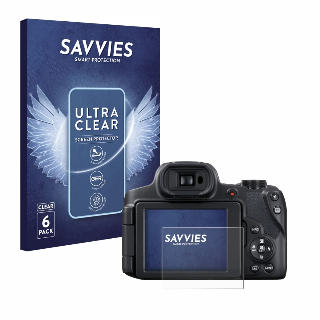 Vorderseite einer Produktverpackung mit dem Markenlogo Savvies. Daneben ist das Gerät Canon PowerShot SX70 HS mit dem zugehöri