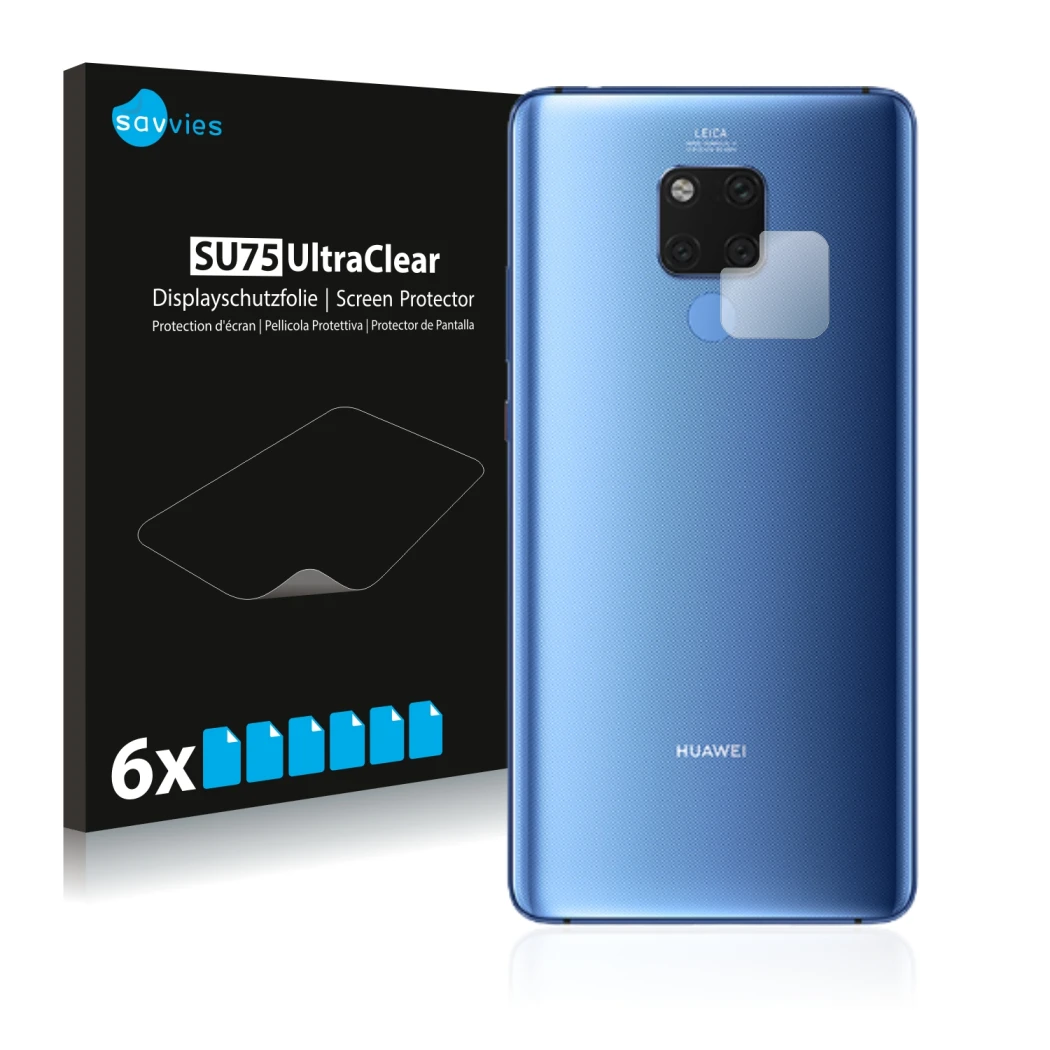 Vorderseite einer Produktverpackung mit dem Markenlogo Savvies. Daneben ist das Gerät Huawei Mate 20 X (NUR Kameraschutz) mit 