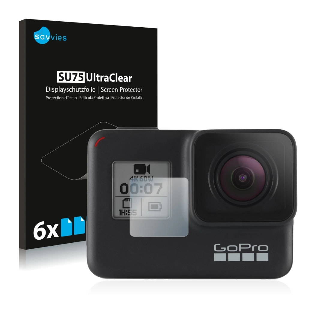 Vorderseite einer Produktverpackung mit dem Markenlogo Savvies. Daneben ist das Gerät GoPro Hero 7 Black (Vorderes Display) mi