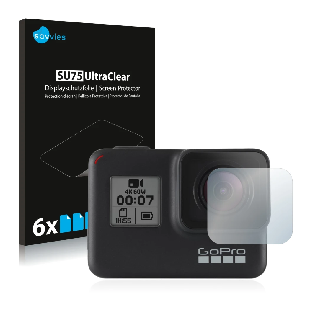 Vorderseite einer Produktverpackung mit dem Markenlogo Savvies. Daneben ist das Gerät GoPro Hero 7 Black (Linse) mit dem zugeh