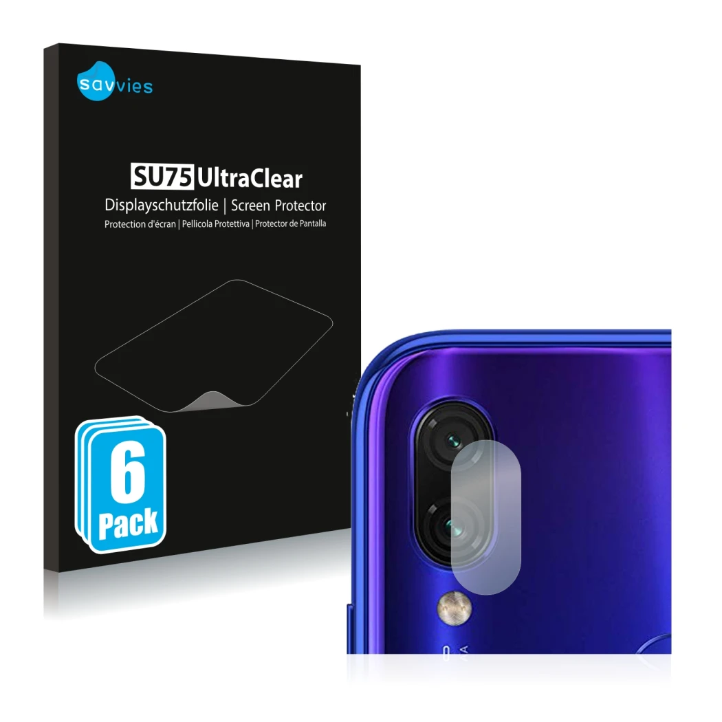 Vorderseite einer Produktverpackung mit dem Markenlogo Savvies. Daneben ist das Gerät Xiaomi Redmi Note 7 (NUR Kameraschutz) m