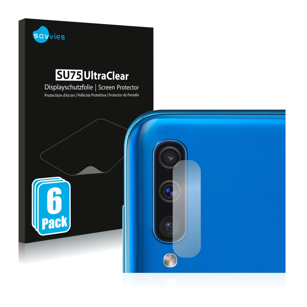 Vorderseite einer Produktverpackung mit dem Markenlogo Savvies. Daneben ist das Gerät Samsung Galaxy A50 (NUR Kameraschutz) mi