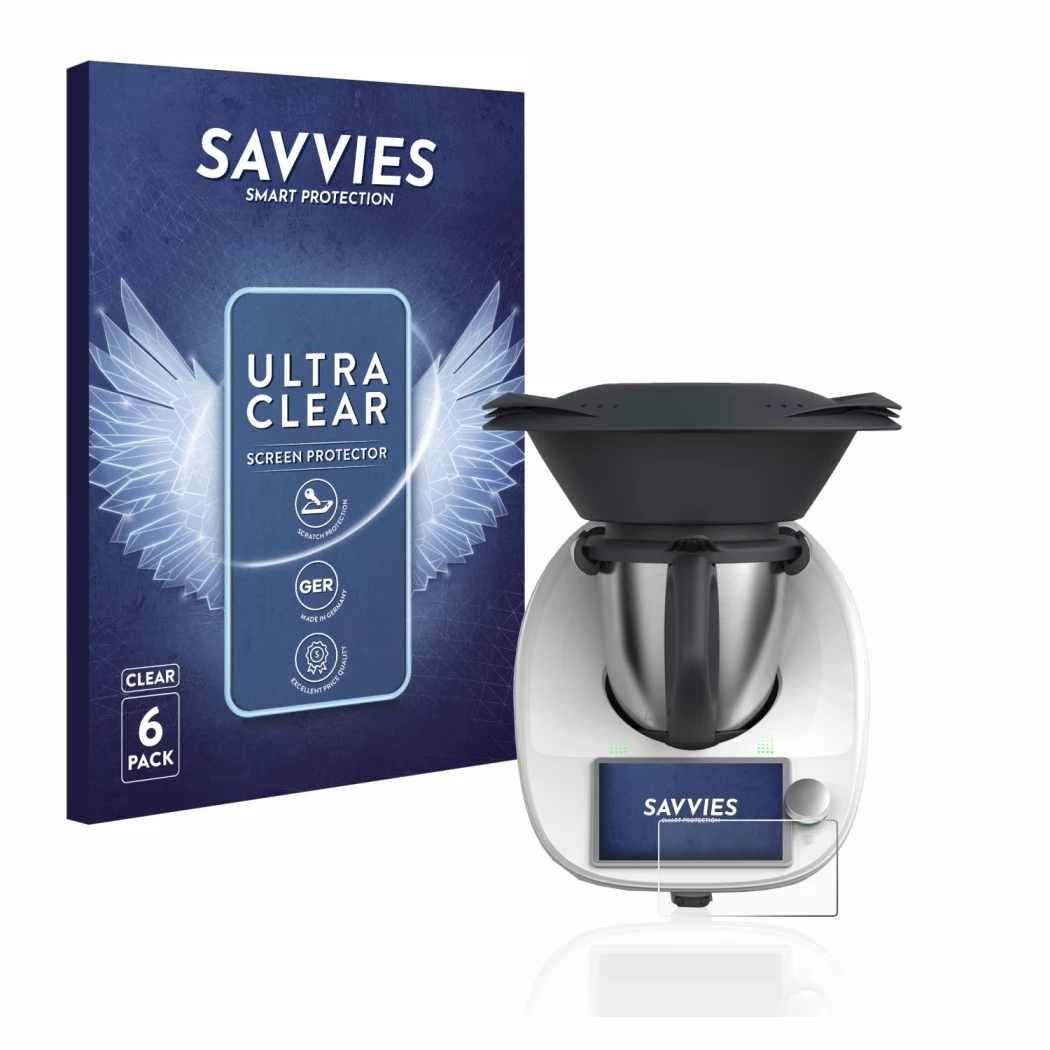 Vorderseite einer Produktverpackung mit dem Markenlogo Savvies. Daneben ist das Gerät Vorwerk Thermomix TM6 mit dem zugehörige