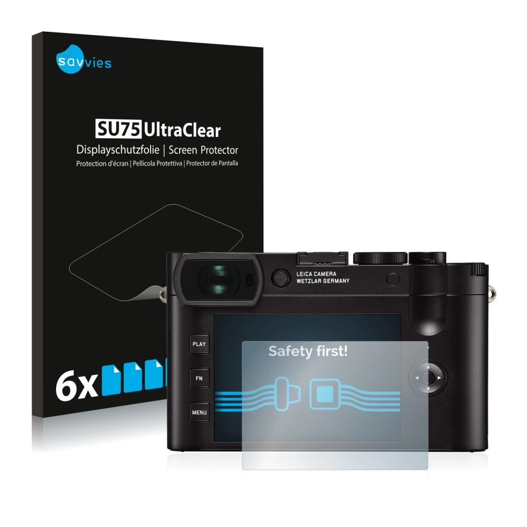 Vorderseite einer Produktverpackung mit dem Markenlogo Savvies. Daneben ist das Gerät Leica Q2 mit dem zugehörigen Displayschu