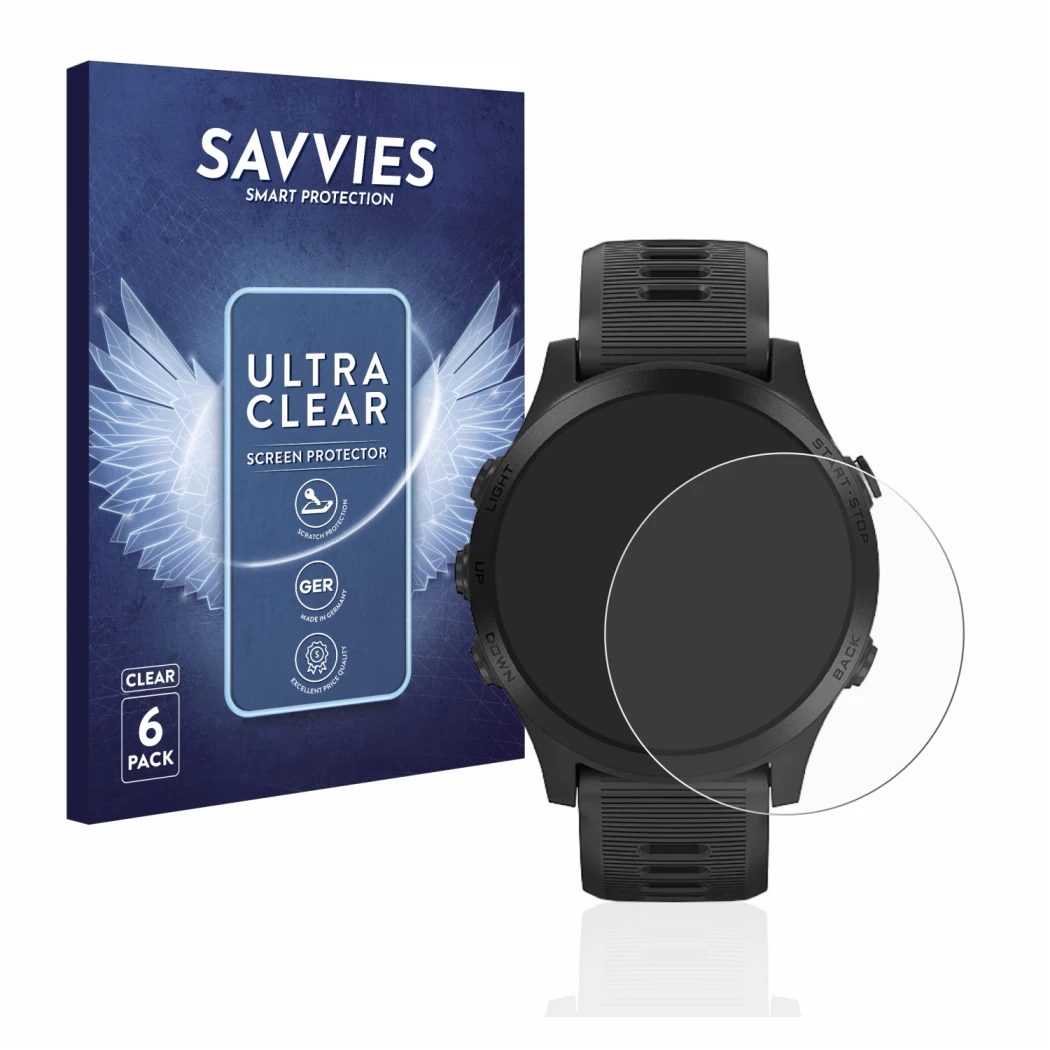 Vorderseite einer Produktverpackung mit dem Markenlogo Savvies. Daneben ist das Gerät Garmin Forerunner 945 mit dem zugehörige