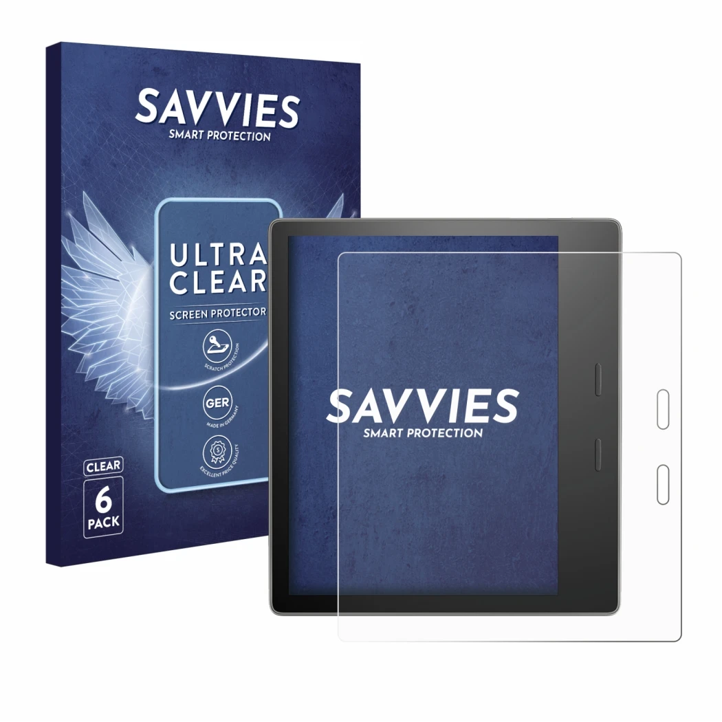 Vorderseite einer Produktverpackung mit dem Markenlogo Savvies. Daneben ist das Gerät Amazon Kindle Oasis 2019 (10. Gen.) mit 