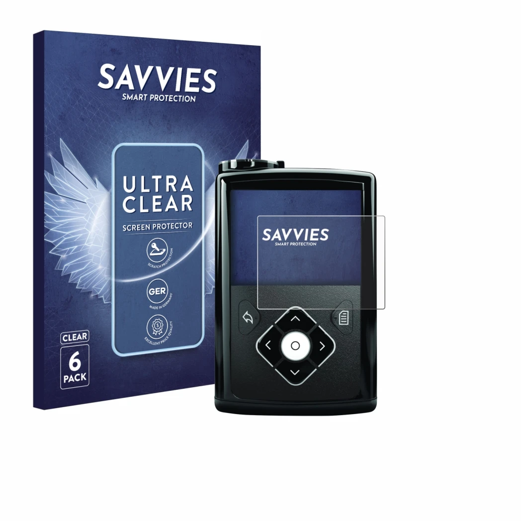 Vorderseite einer Produktverpackung mit dem Markenlogo Savvies. Daneben ist das Gerät Medtronic Minimed 640G mit dem zugehörig