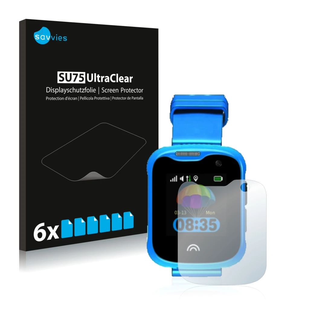 Vorderseite einer Produktverpackung mit dem Markenlogo Savvies. Daneben ist das Gerät KiDSnav Ultra mit dem zugehörigen Displa