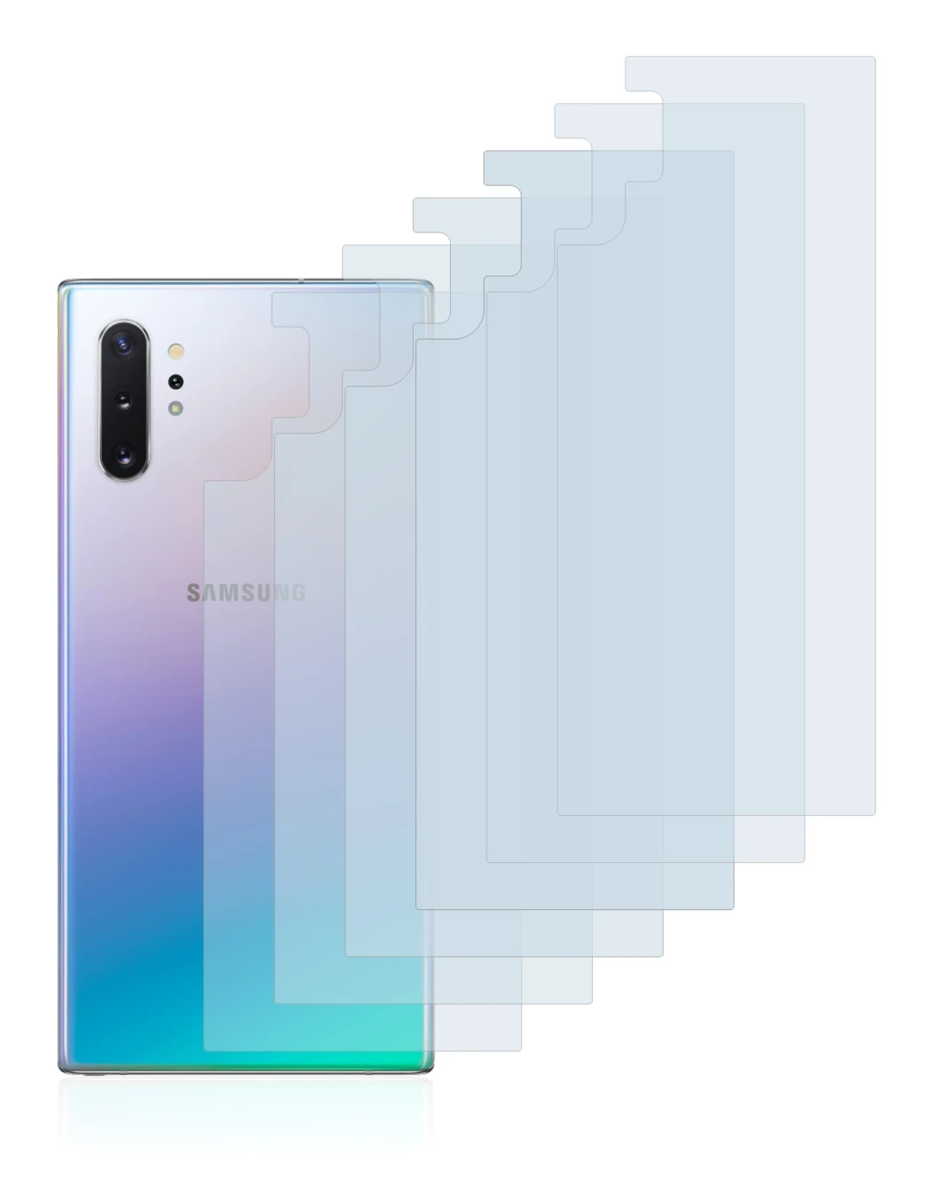 Abbildung des Geräts Samsung Galaxy Note 10 Plus (Rückseite) mit einer Vielzahl des Displayschutzes.