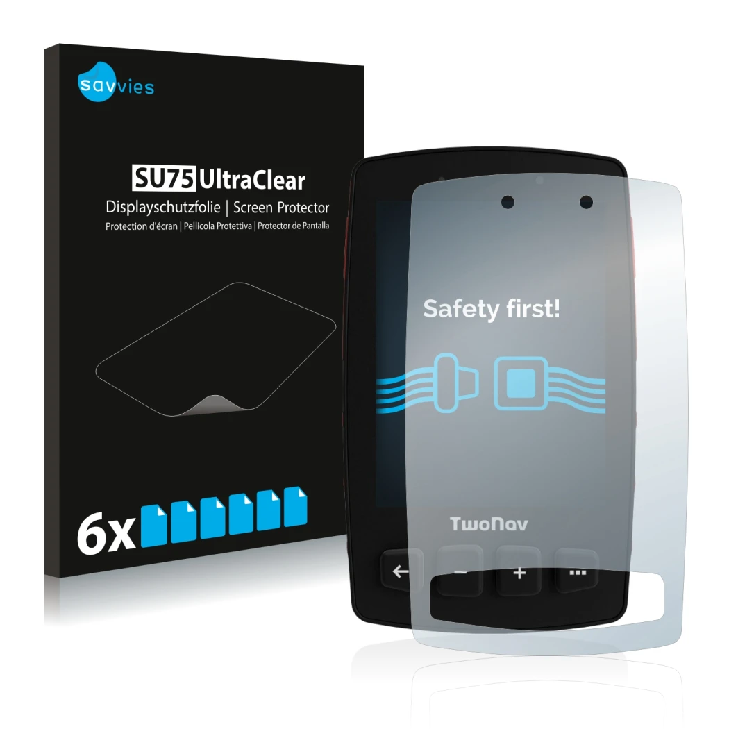 Vorderseite einer Produktverpackung mit dem Markenlogo Savvies. Daneben ist das Gerät TwoNav Trail 2 mit dem zugehörigen Displ