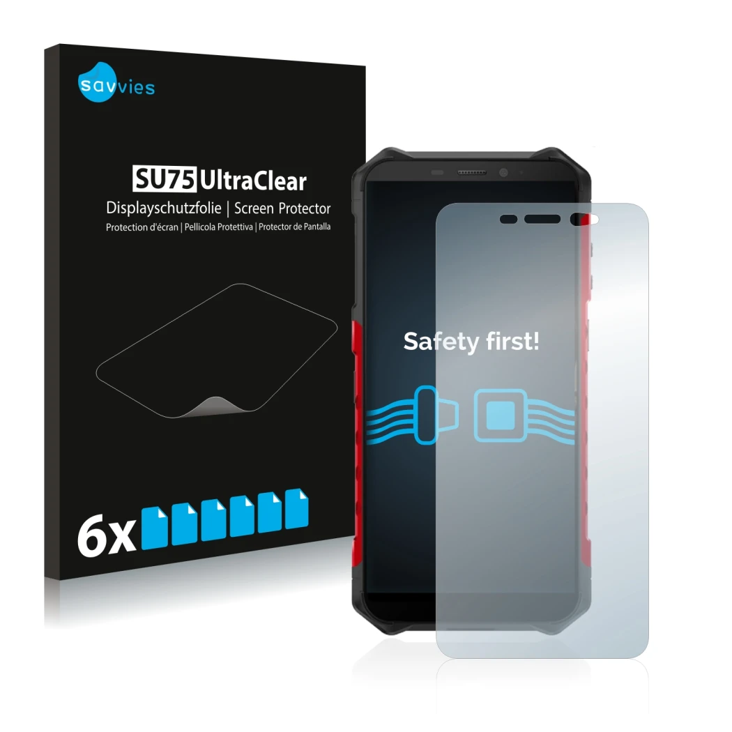 Vorderseite einer Produktverpackung mit dem Markenlogo Savvies. Daneben ist das Gerät Ulefone Armor X5 mit dem zugehörigen Dis