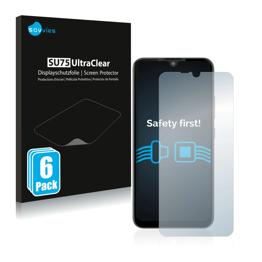 Vorderseite einer Produktverpackung mit dem Markenlogo Savvies. Daneben ist das Gerät Gigaset GS190 mit dem zugehörigen Displa