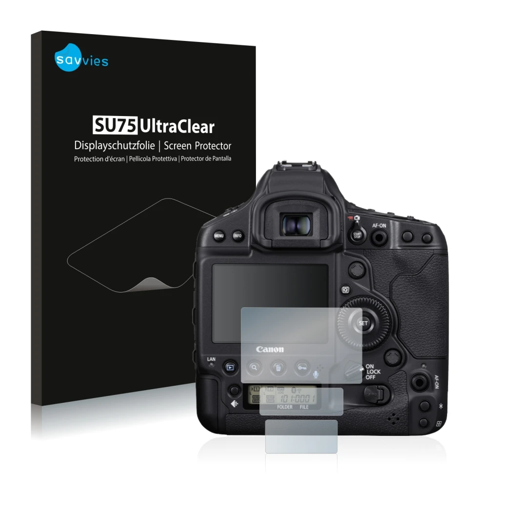 Vorderseite einer Produktverpackung mit dem Markenlogo Savvies. Daneben ist das Gerät Canon EOS 1D X Mark III mit dem zugehöri