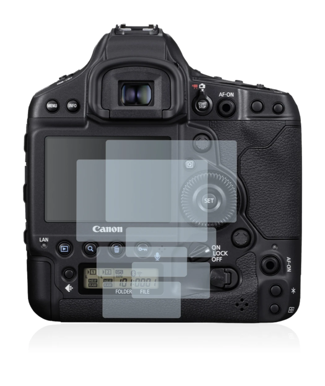Abbildung des Geräts Canon EOS 1D X Mark III mit einer Vielzahl des Displayschutzes.