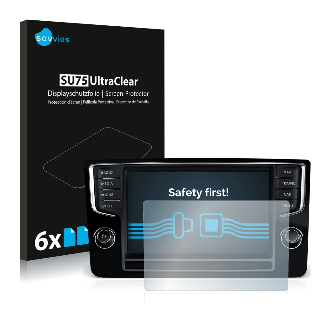 Vorderseite einer Produktverpackung mit dem Markenlogo Savvies. Daneben ist das Gerät Volkswagen Golf Sportsvan 2015 Discover 