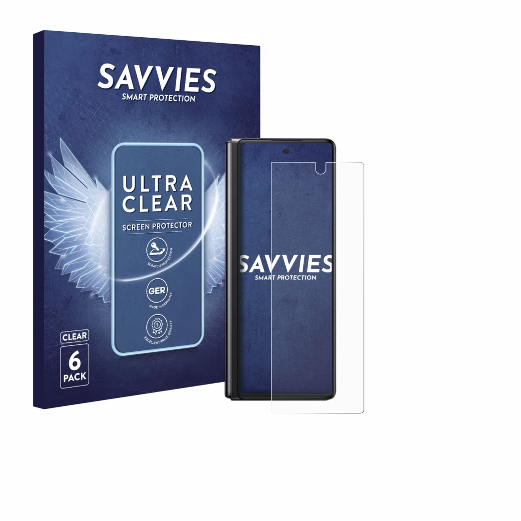 Vorderseite einer Produktverpackung mit dem Markenlogo Savvies. Daneben ist das Gerät Samsung Galaxy Z Fold 2 5G mit dem zugeh