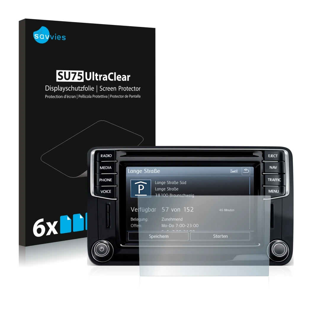 Vorderseite einer Produktverpackung mit dem Markenlogo Savvies. Daneben ist das Gerät Volkswagen Amarok Discover Media 6.5