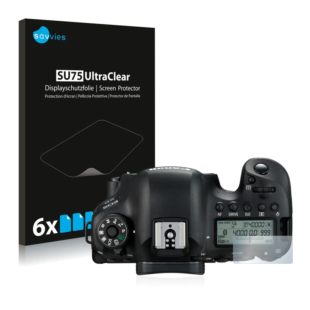 Vorderseite einer Produktverpackung mit dem Markenlogo Savvies. Daneben ist das Gerät Canon EOS 6D (Schulterdisplay) mit dem z