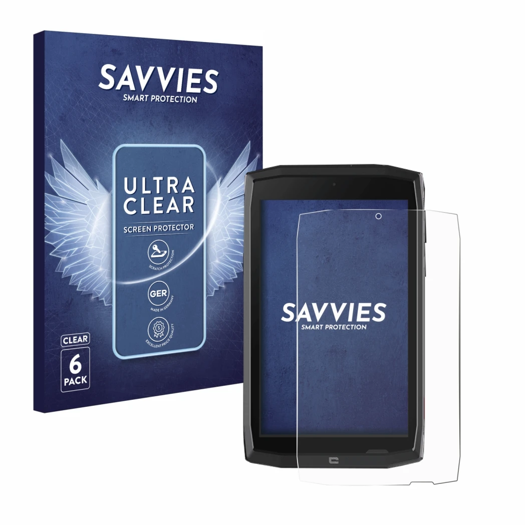 Vorderseite einer Produktverpackung mit dem Markenlogo Savvies. Daneben ist das Gerät Crosscall Core T4 mit dem zugehörigen Di