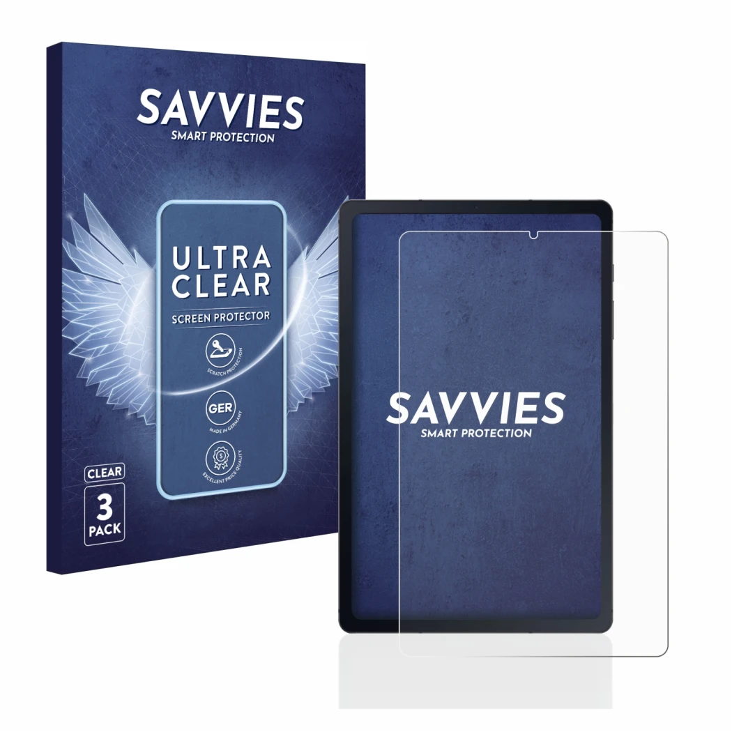 Vorderseite einer Produktverpackung mit dem Markenlogo Savvies. Daneben ist das Gerät Samsung Galaxy Tab S6 Lite LTE 2020 mit 