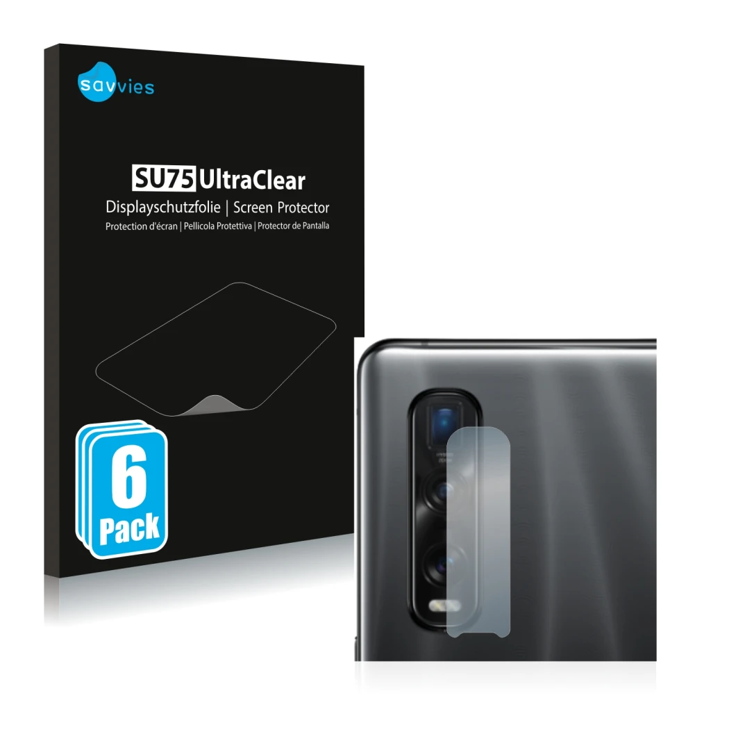 Vorderseite einer Produktverpackung mit dem Markenlogo Savvies. Daneben ist das Gerät Oppo Find X2 Pro (NUR Kameraschutz) mit 