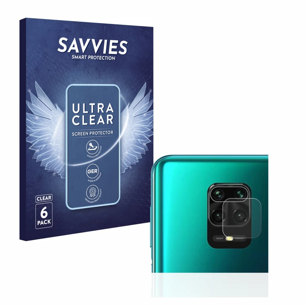 Vorderseite einer Produktverpackung mit dem Markenlogo Savvies. Daneben ist das Gerät Xiaomi Redmi Note 9S (NUR Kameraschutz) 