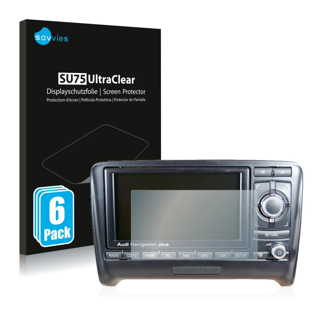 Vorderseite einer Produktverpackung mit dem Markenlogo Savvies. Daneben ist das Gerät Audi A4 8E 2004-2009 RNS-E mit dem zugeh