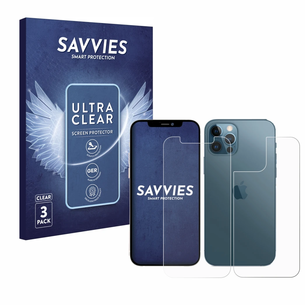 Vorderseite einer Produktverpackung mit dem Markenlogo Savvies. Daneben ist das Gerät Apple iPhone 12 Pro (Display+Rückseite) 