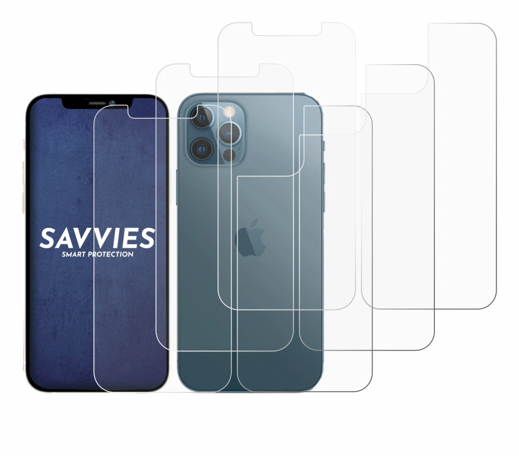 Abbildung des Geräts Apple iPhone 12 Pro (Display+Rückseite) mit einer Vielzahl des Displayschutzes.