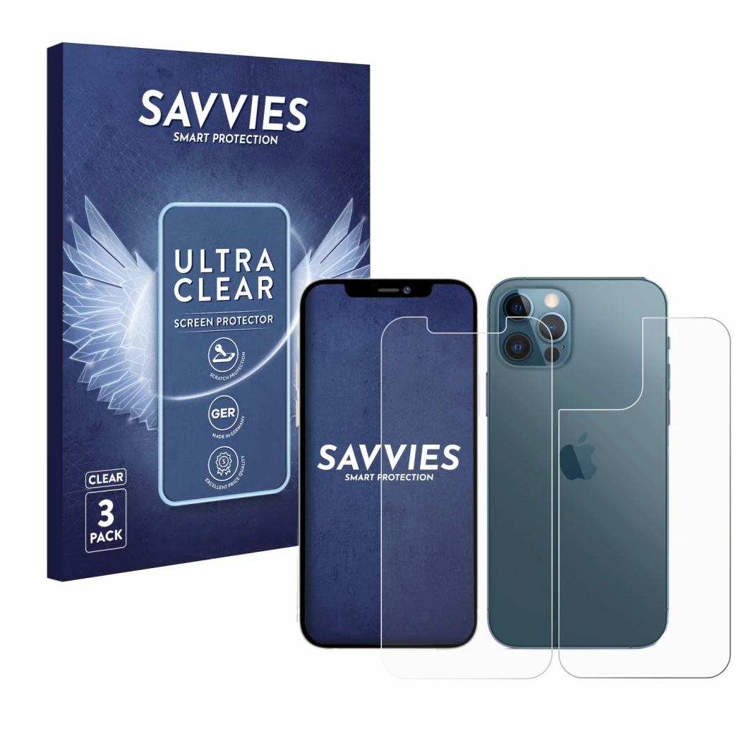 Vorderseite einer Produktverpackung mit dem Markenlogo Savvies. Daneben ist das Gerät Apple iPhone 12 Pro Max (Display+Rücksei