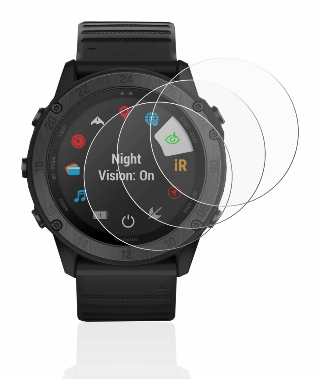 Abbildung des Geräts Garmin Tactix Delta Solar Ballistic mit einer Vielzahl des Displayschutzes.