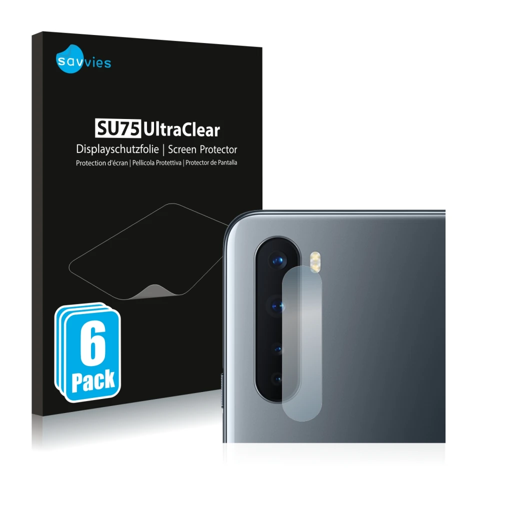Vorderseite einer Produktverpackung mit dem Markenlogo Savvies. Daneben ist das Gerät OnePlus Nord (NUR Kameraschutz) mit dem 