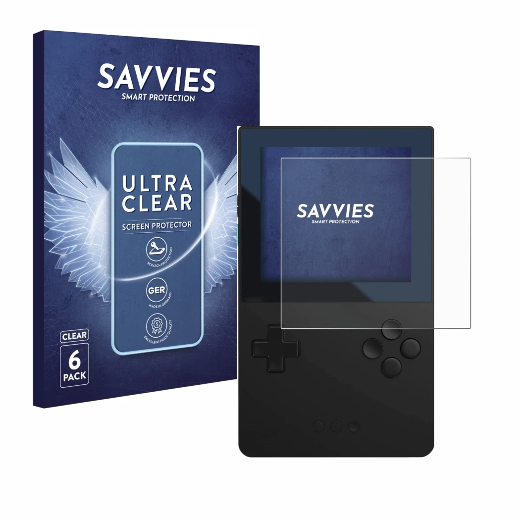 Vorderseite einer Produktverpackung mit dem Markenlogo Savvies. Daneben ist das Gerät Analogue Pocket mit dem zugehörigen Disp
