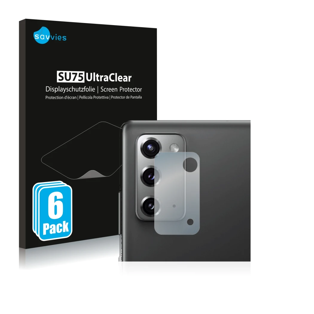 Vorderseite einer Produktverpackung mit dem Markenlogo Savvies. Daneben ist das Gerät Samsung Galaxy Note 20 5G (NUR Kamerasch