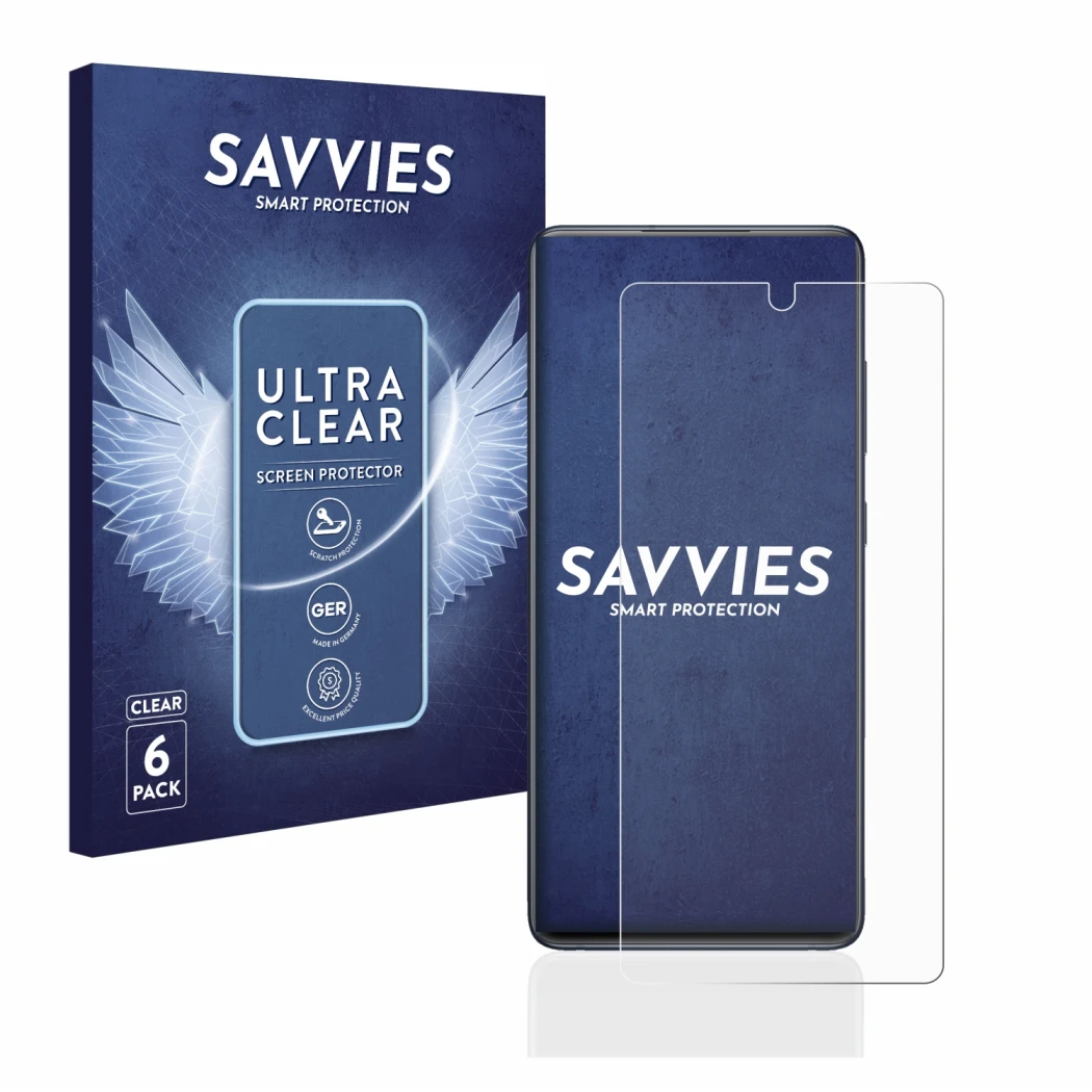 Vorderseite einer Produktverpackung mit dem Markenlogo Savvies. Daneben ist das Gerät Samsung Galaxy S20 FE mit dem zugehörige