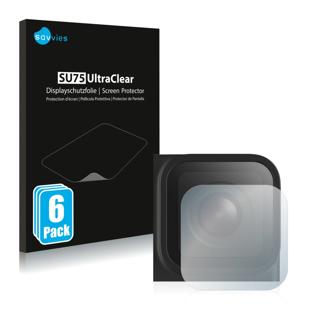 Vorderseite einer Produktverpackung mit dem Markenlogo Savvies. Daneben ist das Gerät GoPro Hero 9 Black (Linse) mit dem zugeh