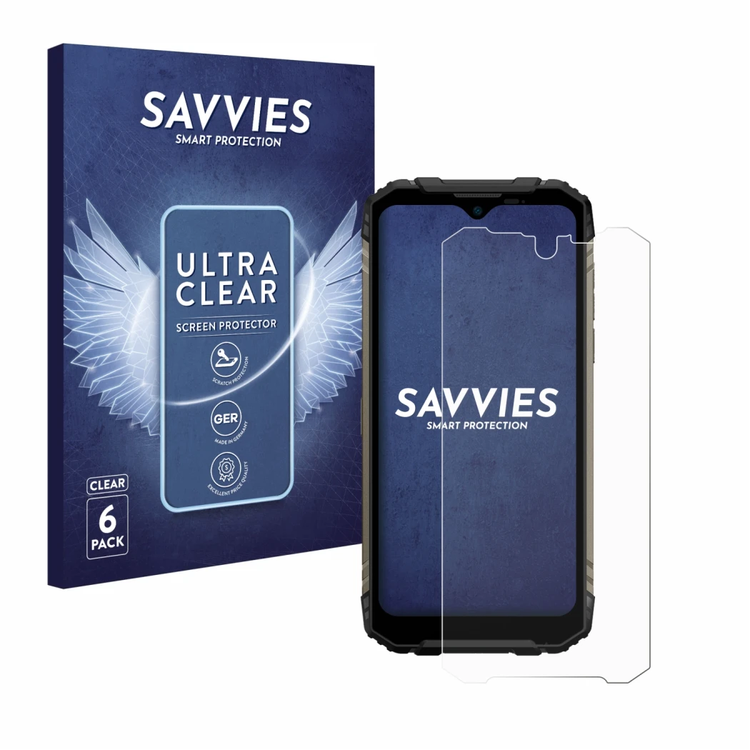 Vorderseite einer Produktverpackung mit dem Markenlogo Savvies. Daneben ist das Gerät Doogee S96 Pro mit dem zugehörigen Displ