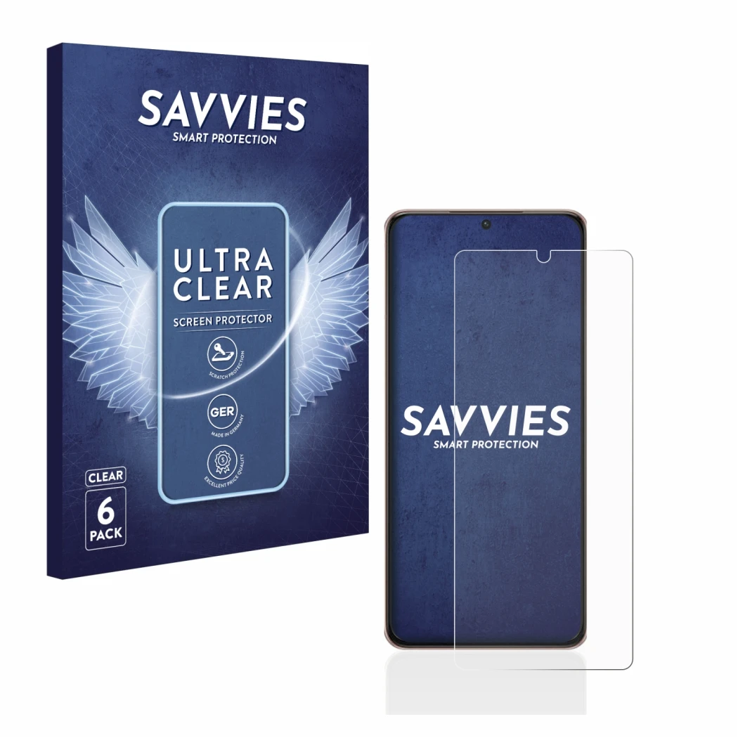 Vorderseite einer Produktverpackung mit dem Markenlogo Savvies. Daneben ist das Gerät Samsung Galaxy S21 Ultra 5G mit dem zuge