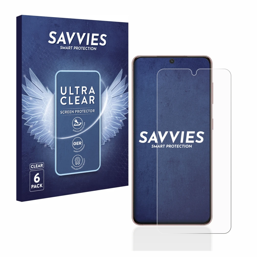 Vorderseite einer Produktverpackung mit dem Markenlogo Savvies. Daneben ist das Gerät Samsung Galaxy S21 5G mit dem zugehörige