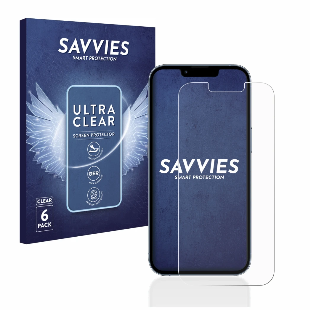 Vorderseite einer Produktverpackung mit dem Markenlogo Savvies. Daneben ist das Gerät Apple iPhone 13 Pro mit dem zugehörigen 