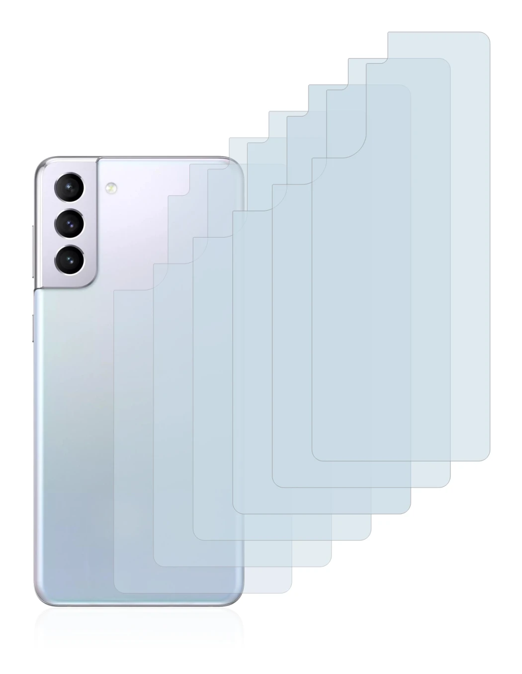 Abbildung des Geräts Samsung Galaxy S21 (Rückseite) mit einer Vielzahl des Displayschutzes.
