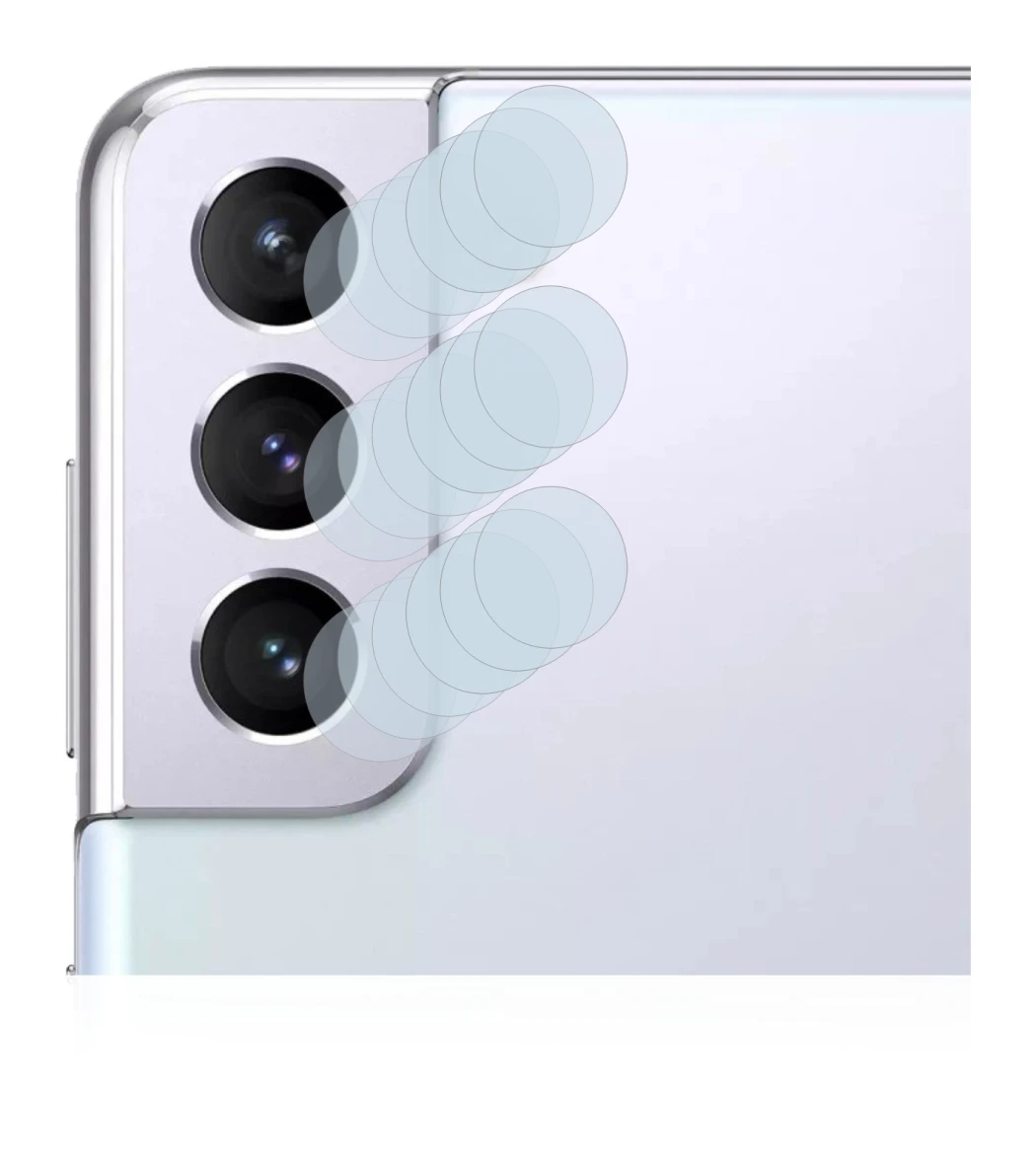 Abbildung des Geräts Samsung Galaxy S21 (NUR Kameraschutz) mit einer Vielzahl des Displayschutzes.