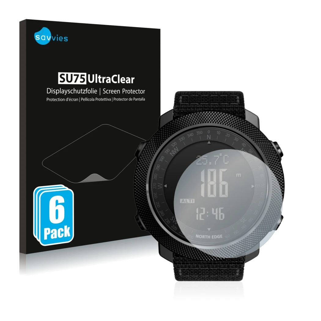 Vorderseite einer Produktverpackung mit dem Markenlogo Savvies. Daneben ist das Gerät North Edge Apache mit dem zugehörigen Di